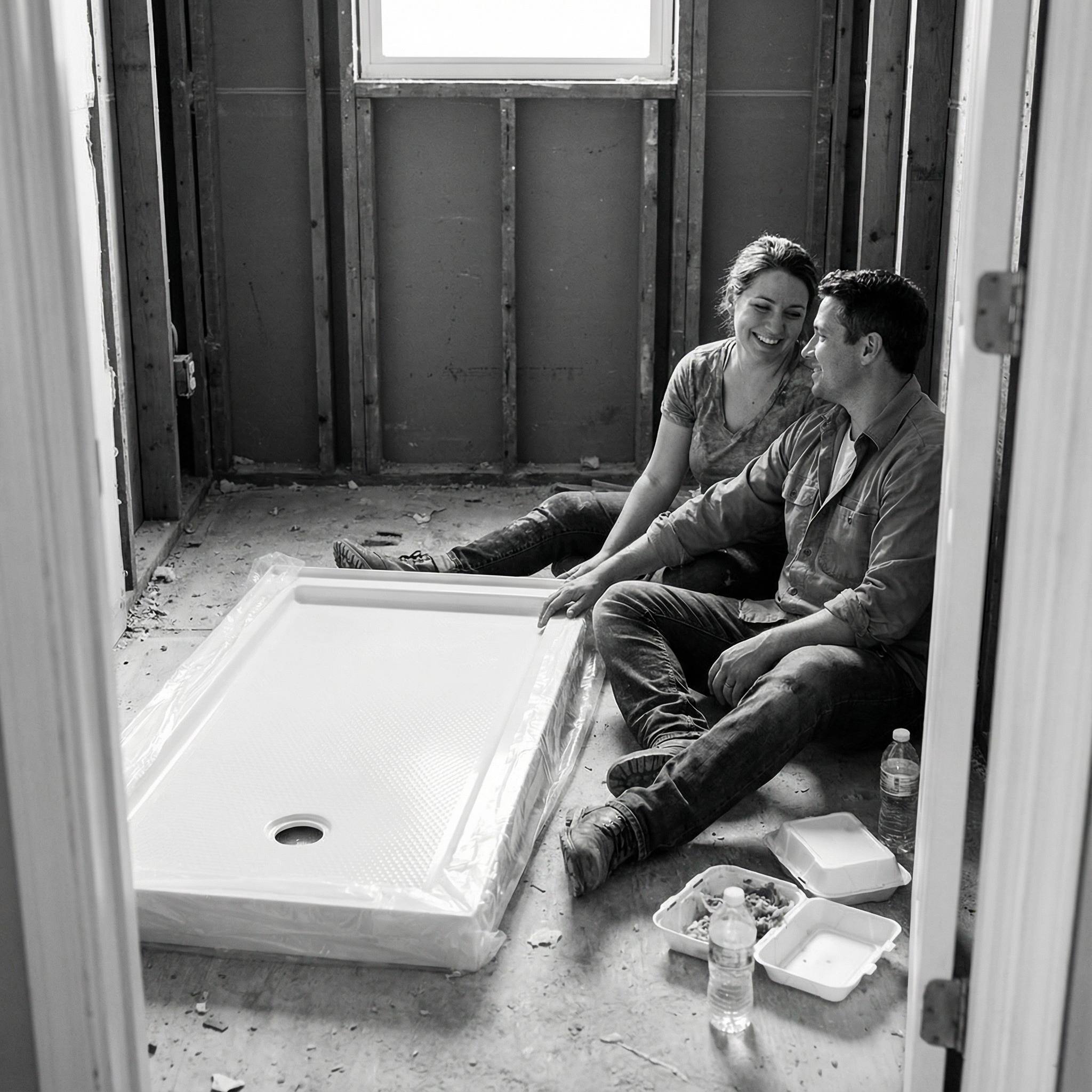 A couple sitting on the floor during a bathroom renovation, laughing together next to a shower base