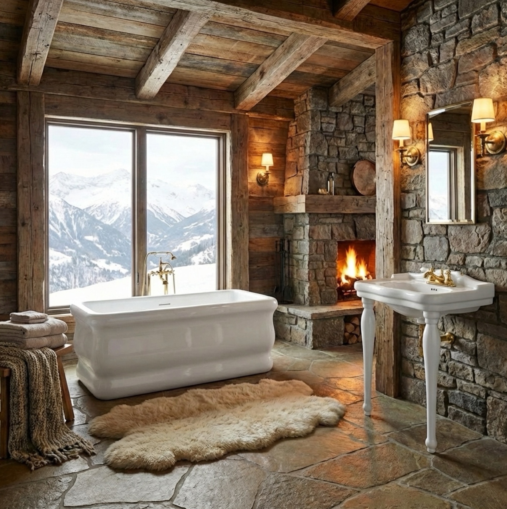 Freestanding bathtub in a rustic mountain lodge with stone walls, fireplace, and panoramic alpine views