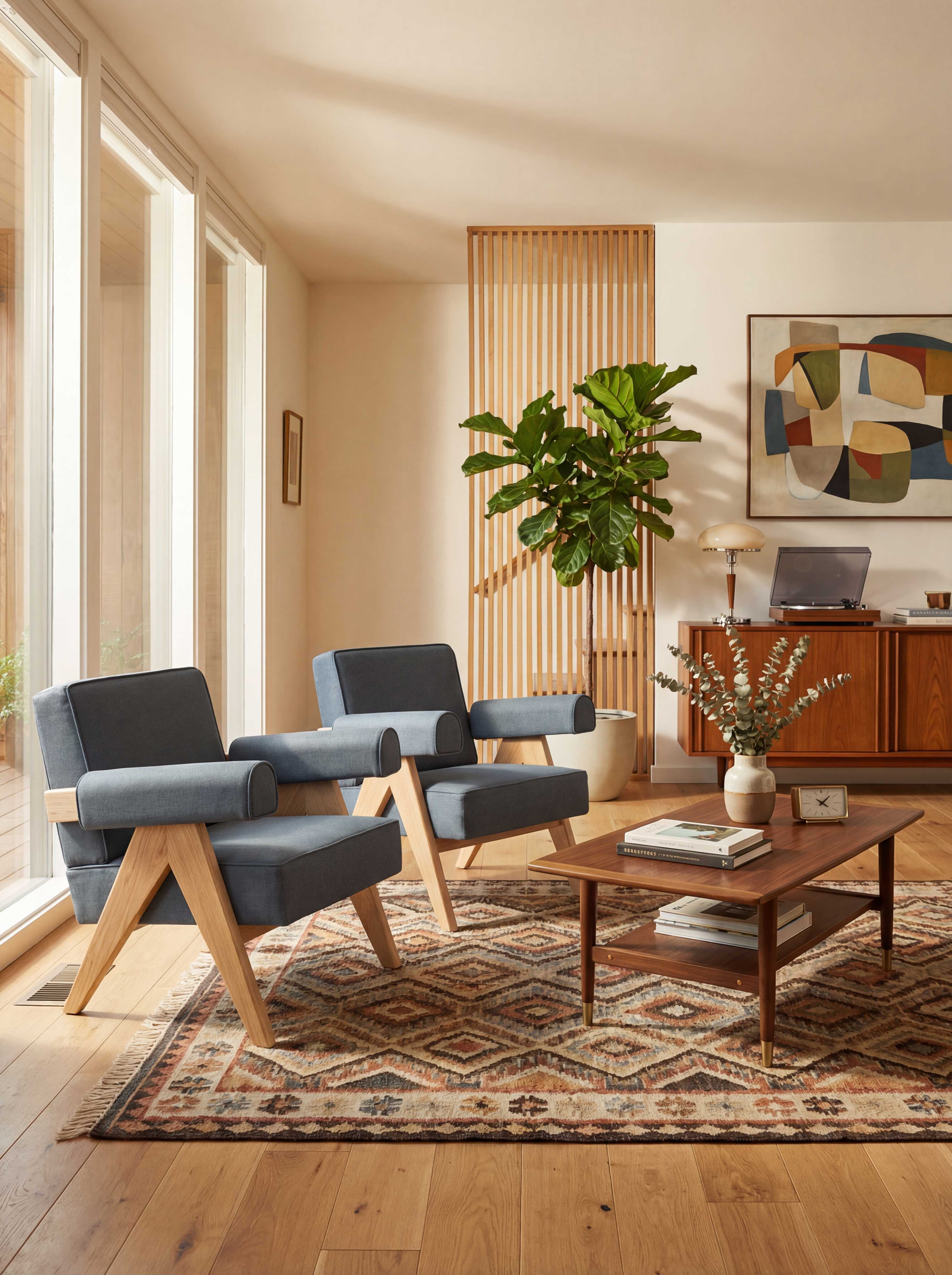 Two Jeanneret Capitol Complex armchairs in a sun-filled mid-century living room with fiddle leaf fig, kilim rug, and walnut credenza — rendered by Reggie